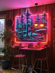 Retro Diner Neon Signs: Enchanting Forest Wall Art with Neon-lit Trees