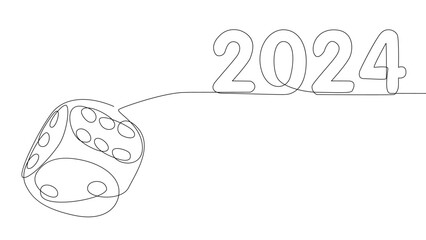 One continuous line of dice with number 2024. Thin Line Illustration vector concept. Contour Drawing Creative ideas.