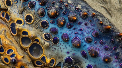 Closeup of an intricate pattern of blue and purple spots on the shell of a lobster as it creeps closer to the sandy shoreline