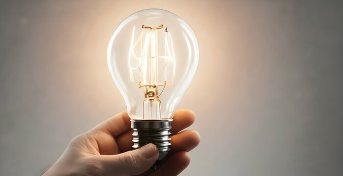 Hand holding glowing light bulb without electricity source on light gray background