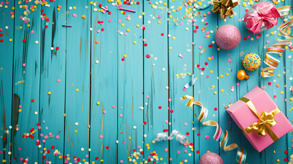 A colorful celebration of spring with delicate petals sprinkled over a rustic backdrop, creating a whimsical atmosphere of joy and nostalgia - obrazy, fototapety, plakaty