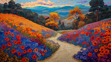 road field flowers mountains background mosaic dried flower pathway synthetic polymer paint linen sun princess world painted driveway realms