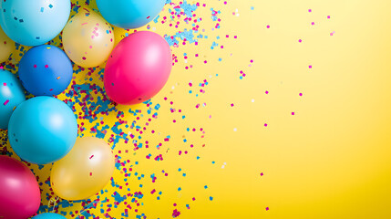 Vibrant bursts of joy erupt from a colorful scene, as a playful display of party supplies adorns a sunny yellow background