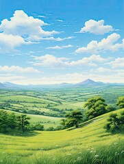 Obraz premium Blue Sky Over Vast Green Rolling Countryside Hills Wall Art - Serene Nature Landscape