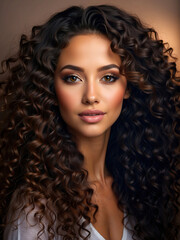 Healthy skin elegance: A stunning ethnic portrait featuring a beautiful African American woman with crystal eyes and curly hairstyle, radiating joy and confidence on a soothing beige backdrop