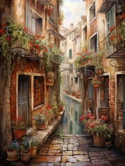 Naklejka premium Faded Charm: Romantic Venetian Canals in Earth Tone Art - Old-world European Alleys and Canal Streets