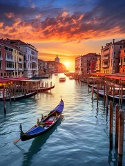 Fototapeta na wymiar Romantic Venetian Canals Panoramic Print - Captivating Sunset Over Italy's Enchanting Waterways