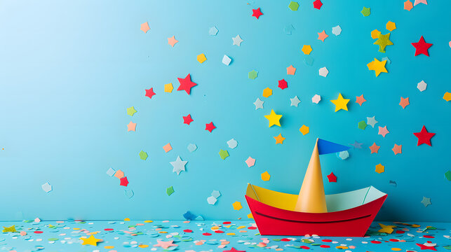 A child's imaginative masterpiece sets sail on a journey of joy, leaving behind a trail of colorful celebration