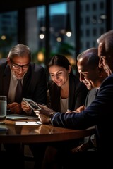 Consultant using a tablet to showcase investment opportunities to a group of interested clients, Generative AI