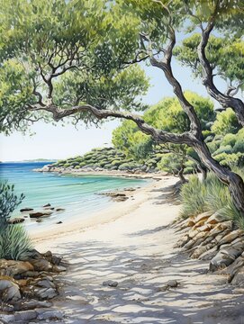 Rustic Olive Groves Beach Art: Coastal Print featuring Olive Trees by the Shore