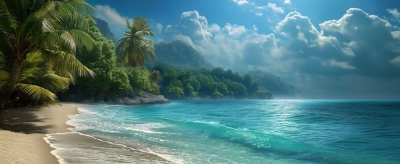 view beach palm trees blue ocean header bay sea spray rainforest digital young scenery deserted sand jamaica anno - obrazy, fototapety, plakaty