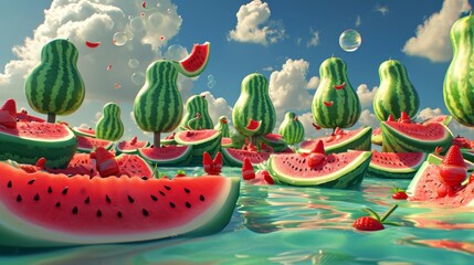 Cartoon scene of a group of tiny watermelon people riding on giant watermelon slices down a melonfilled river surrounded by towering watermelon trees and bouncin