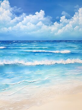 Oceanic Sapphire: Captivating Beach Scene Painting with Sands and Deep Blue Views