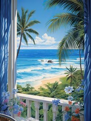 Sapphire Oceanic Views: Tropical Beach Art with Palm Trees and Sapphire Seas