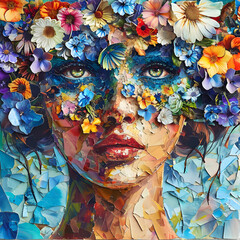 A vibrant and modern paper collage portrait of a woman surrounded by colorful flowers.