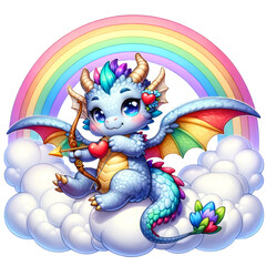 Cute Cupid Dragon with Rainbow Cloud Clipart on Transparent Background. Cute Cupid Valentine's Day Clipart.