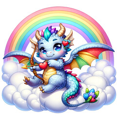 Naklejka premium Cute Cupid Dragon with Rainbow Cloud Clipart on Transparent Background. Cute Cupid Valentine's Day Clipart.
