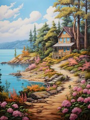 Secluded Mountain Cabins Beach Scene Painting: Lakeside Retreat with a Stunning Lake Cabin