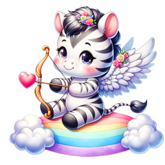 Cute Cupid Zebra with Rainbow Cloud Clipart on Transparent Background. Cute Cupid Valentine's Day Clipart.