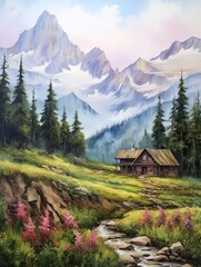 Fototapeta na wymiar Secluded Mountain Cabins Landscape Poster | Rustic Wall Art | Mountain Retreat