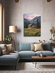 Secluded Mountain Cabins: A Captivating Landscape Canvas Print and Mountain Landscape Art