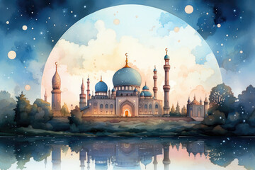 Ramadan Kareem greeting card with mosque on the background of the full moon with Watercolor illustration
