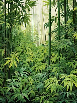 Serene Bamboo Groves: Exquisite Botanical Wall Art with Detailed Bamboo Leaf Patterns