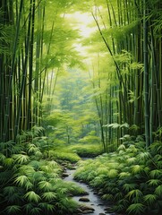 Majestic Harmony: Serene Bamboo Groves, Meadow Painting, Grass Clearings