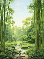 Serene Bamboo Groves: Panoramic Landscape Print of Expansive Green Bamboo Views