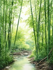 Serene Bamboo Groves: Watercolor Landscapes in Gentle Green Hues
