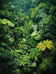 Serene Rainforest Canopies: A modern, abstract aerial view of lush jungle landscapes