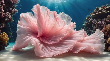 Pale pink chiffon floats in waves at the depths, in beautiful clear blue water with corals and white sand. Chiffon under water - obrazy, fototapety, plakaty