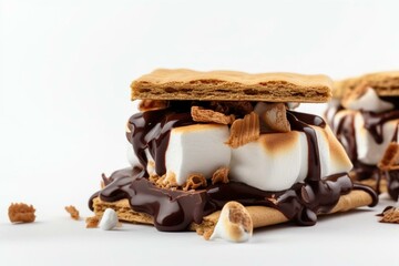 Gourmet s'mores, decadent chocolate treat, on white background. Generative AI