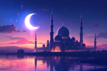 Illustration of a mosque on the background of the night sky with Crescent moon. Eid Mubarak Islamic background