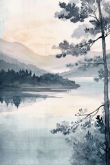 Delicate watercolor strokes on silk depict a tranquil riverbank at dawn in the style of Japanese traditional painting