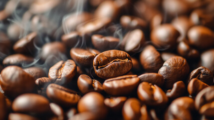 Aromatic coffee beans with rising smoke.