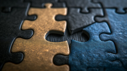 Gold and blue puzzle pieces on black. - obrazy, fototapety, plakaty