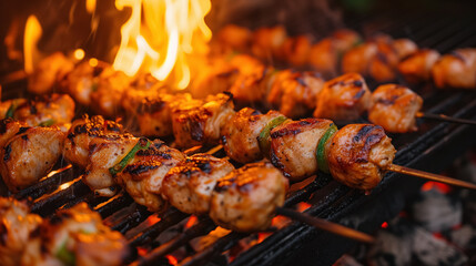 Sizzling chicken skewers over open flame.