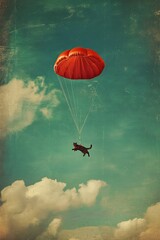 Cat landing while using a parachute.