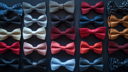 Collection of colorful bow ties on display.