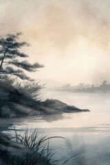 Obraz premium Delicate watercolor strokes on silk depict a tranquil riverbank at dawn in the style of Japanese traditional painting