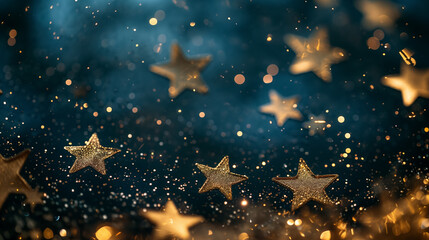 Fototapeta na wymiar Glittering golden stars on a shimmering background.