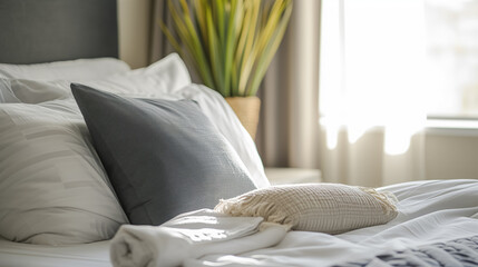 Fototapeta na wymiar Cozy bedroom setting with soft pillows.