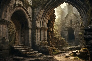 Stone arch entrance to an old medieval church ruin with gothic architecture, castle walls, and religious history. Generative AI