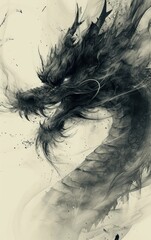 Fototapeta premium ancient dragon in traditional Chinese black ink style, with exaggerated perspective for a breathtaking shot