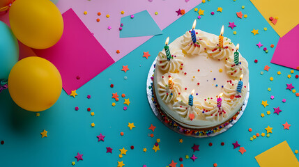 A festive birthday cake adorned with colorful candles, expertly decorated with buttercream and fondant, brings sweetness and joy to an indoor celebration
