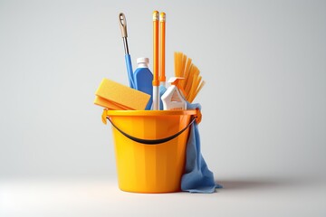 An orange bucket with cleaning products, with a sponge for washing dishes, rubber protective gloves, brushes and cleaning agent, a rag, on a gray background. The concept of cleaning the house.