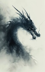 ancient dragon in traditional Chinese black ink style, with exaggerated perspective for a breathtaking shot