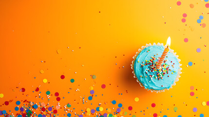 A whimsical work of edible art, a vibrant blue cupcake with a flickering candle evokes a sense of joy and celebration through its colorful splash of frosting