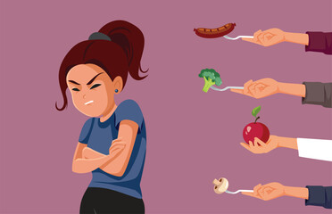 Picky Eating Teen Girl Refusing to Eat Vector Illustration. Teenager suffering, from avoidant restrictive food intake disorder 
